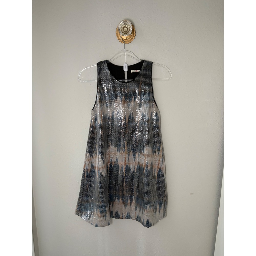 RACHEL Rachel Roy Blue Gray Sequin Sleeveless Plaid Shift Dress XS